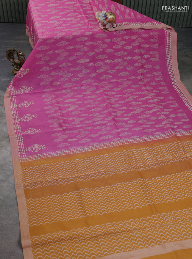 Kota silk cotton saree pink and dark mustard with block prints and long printed border