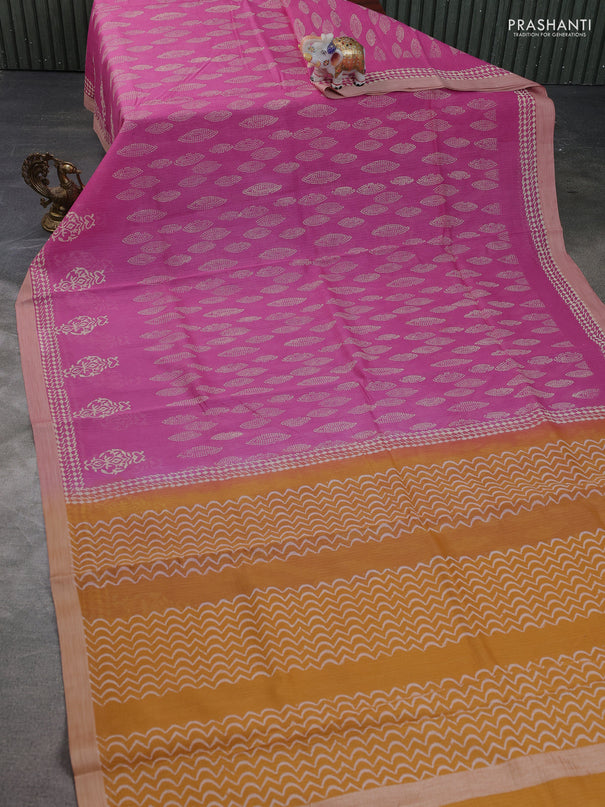 Kota silk cotton saree pink and dark mustard with block prints and long printed border