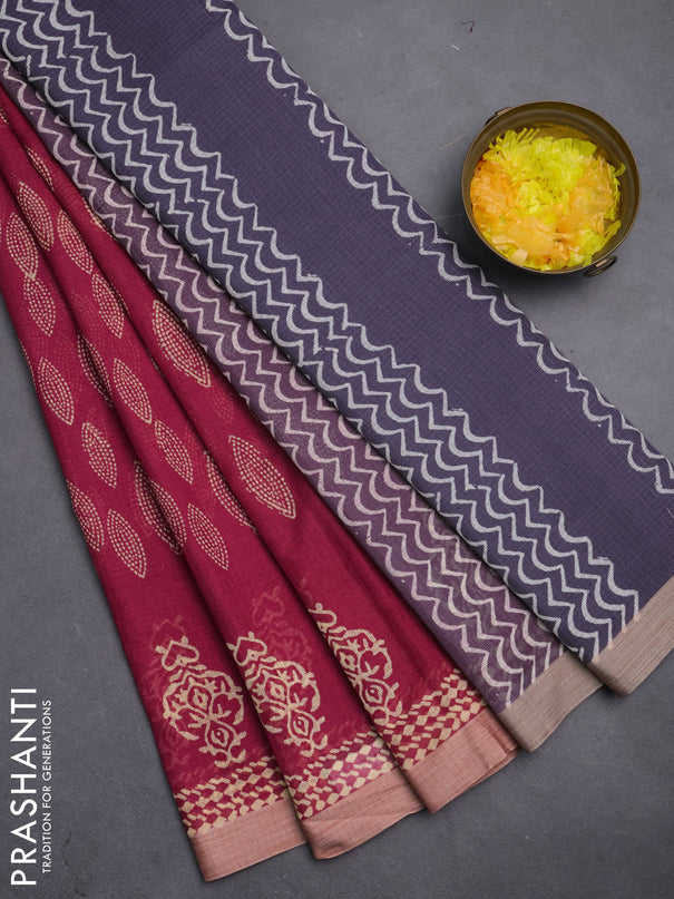 Kota silk cotton saree pink and grey with block prints and long printed border