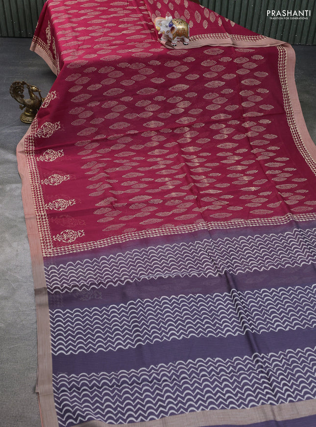 Kota silk cotton saree pink and grey with block prints and long printed border