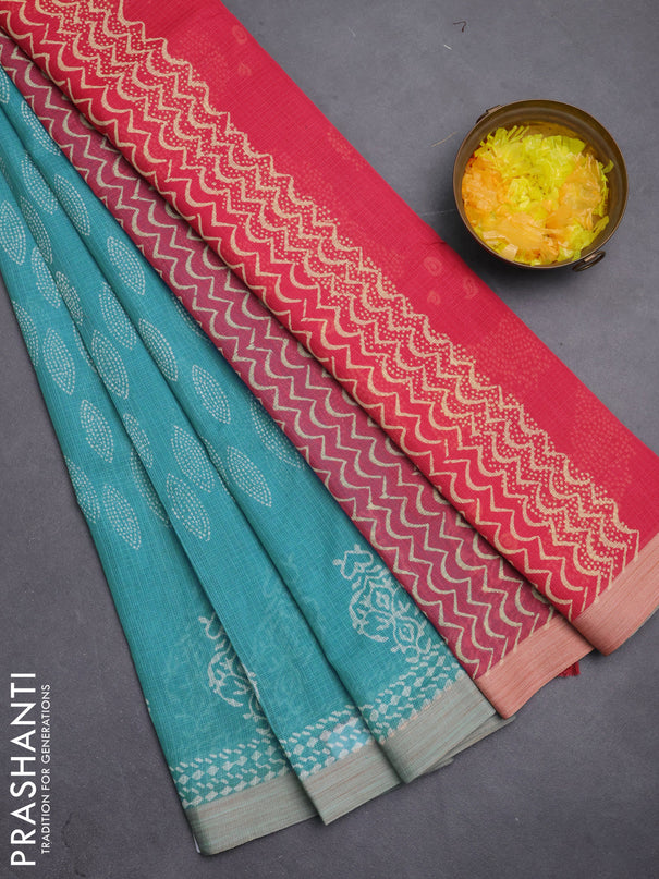 Kota silk cotton saree teal blue and mavue pink with block prints and long printed border