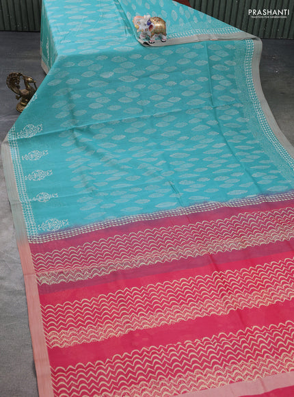 Kota silk cotton saree teal blue and mavue pink with block prints and long printed border