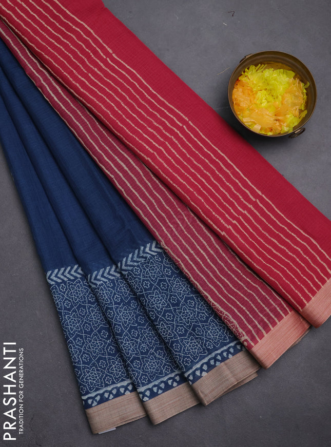Kota silk cotton saree navy blue and maroon with block prints and long printed border