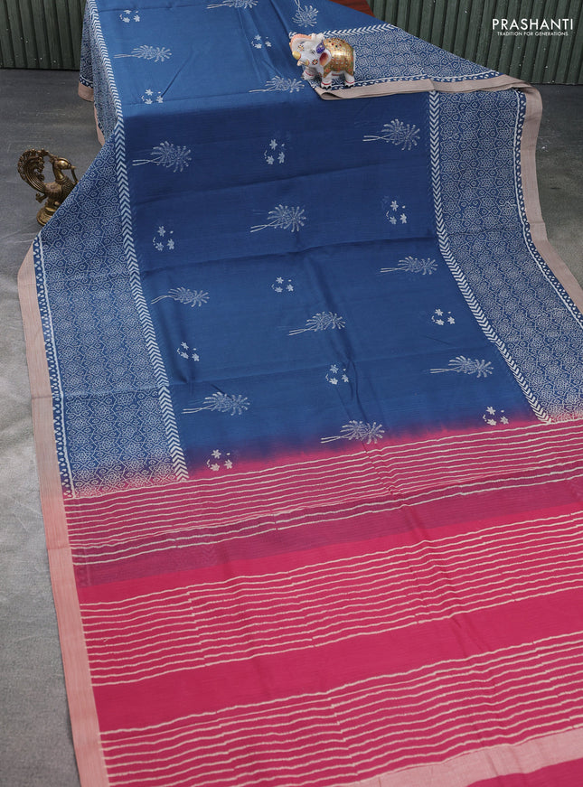 Kota silk cotton saree navy blue and maroon with block prints and long printed border