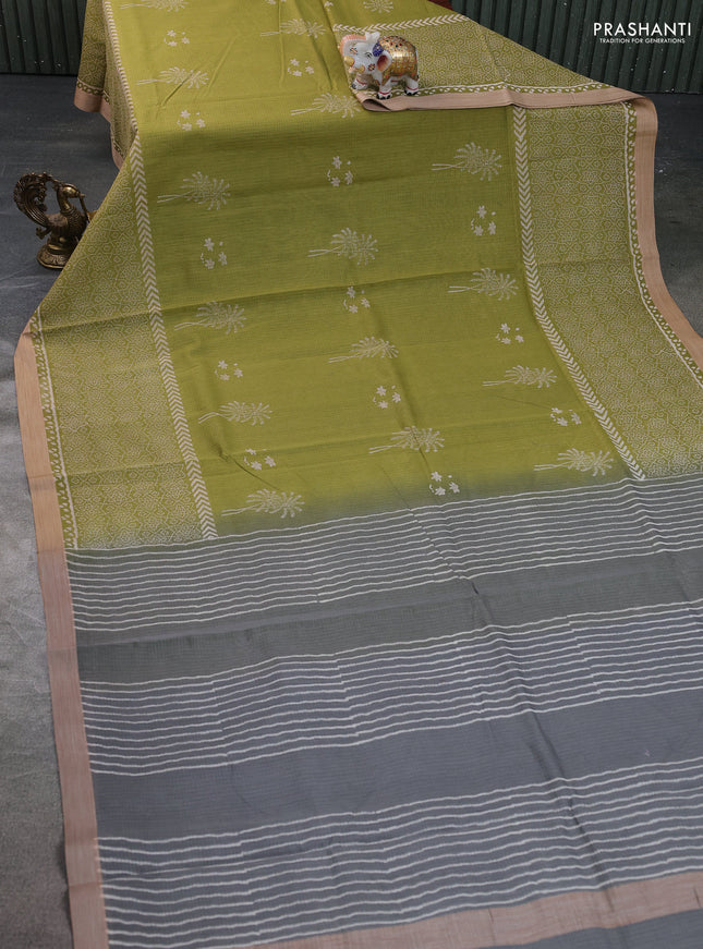 Kota silk cotton saree light green and grey with block prints and long printed border