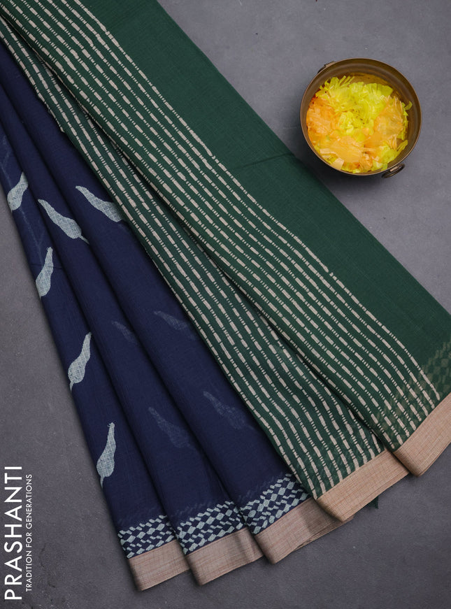 Kota silk cotton saree navy blue and bottle green with allover block prints and simple border