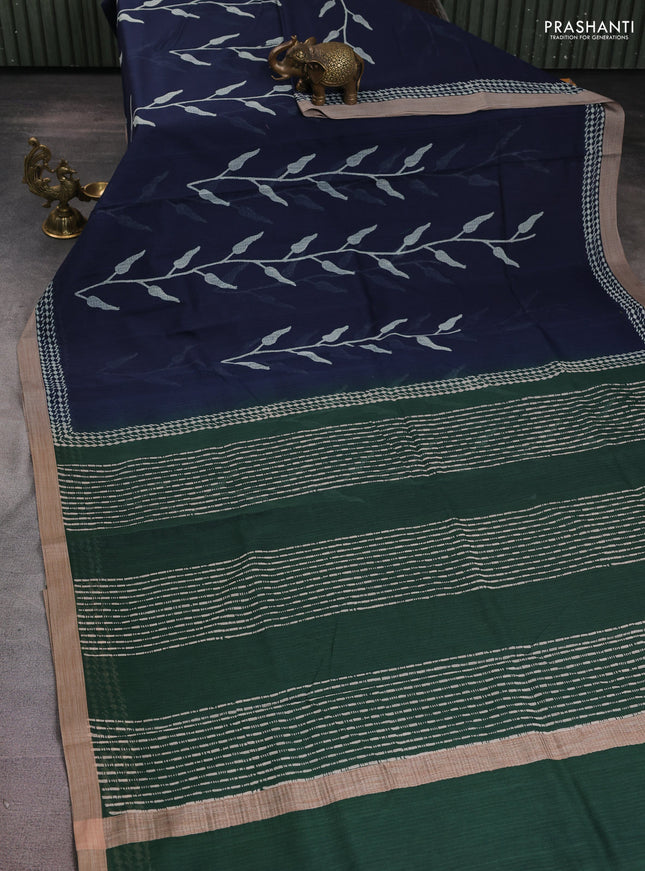 Kota silk cotton saree navy blue and bottle green with allover block prints and simple border