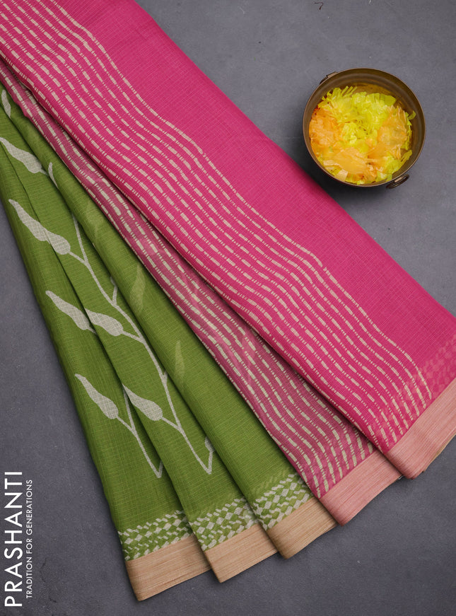 Kota silk cotton saree light green and pink with allover block prints and simple border