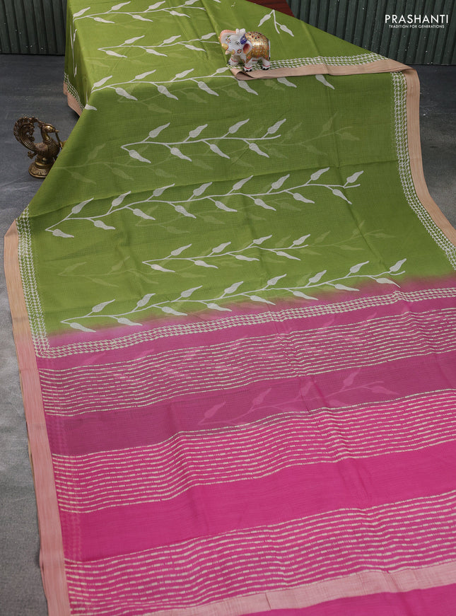 Kota silk cotton saree light green and pink with allover block prints and simple border