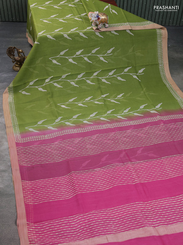 Kota silk cotton saree light green and pink with allover block prints and simple border