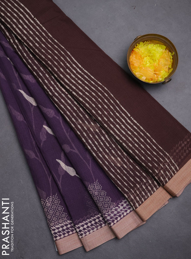 Kota silk cotton saree wine shade and coffee brown with allover block prints and simple border