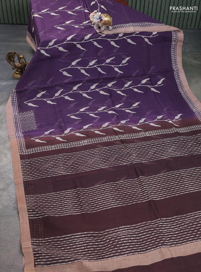 Kota silk cotton saree wine shade and coffee brown with allover block prints and simple border