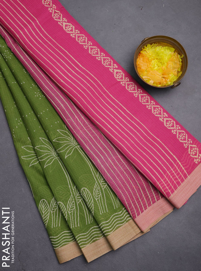 Kota silk cotton saree light green and pink with allover block prints and simple border