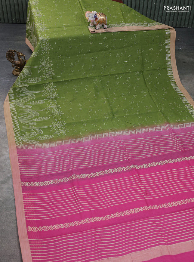 Kota silk cotton saree light green and pink with allover block prints and simple border