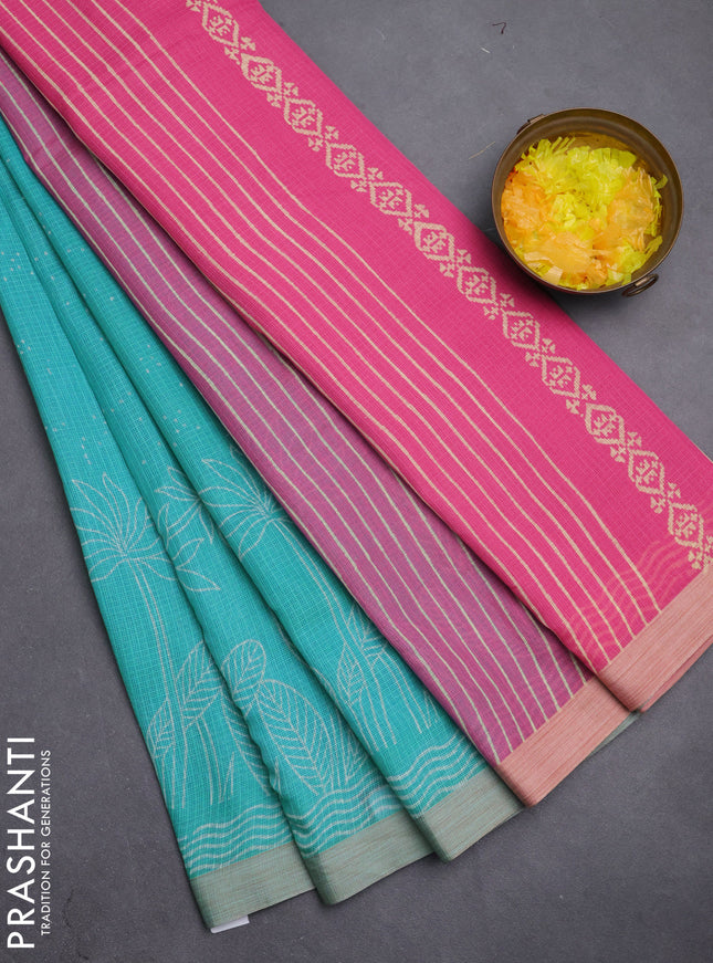 Kota silk cotton saree teal blue and light pink with allover block prints and simple border