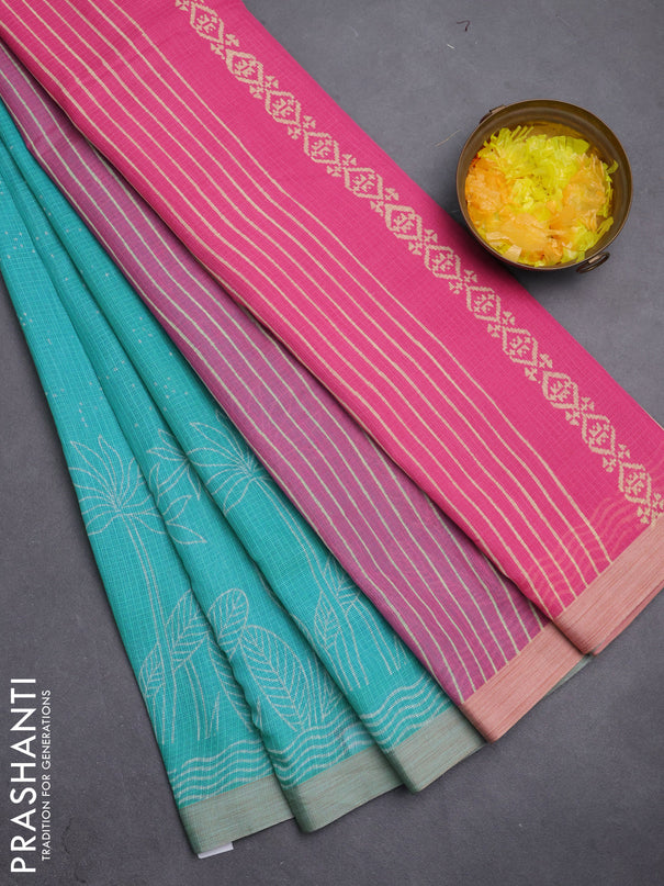 Kota silk cotton saree teal blue and light pink with allover block prints and simple border