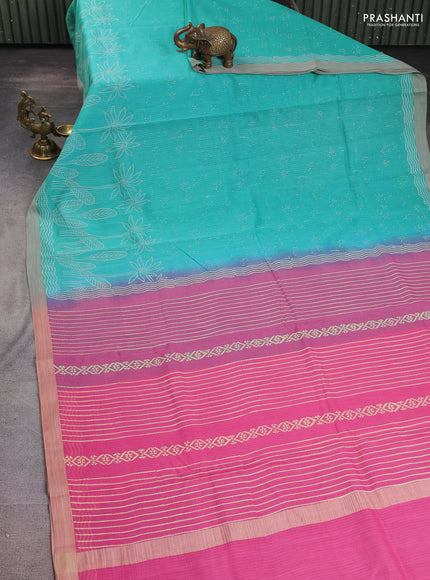 Kota silk cotton saree teal blue and light pink with allover block prints and simple border
