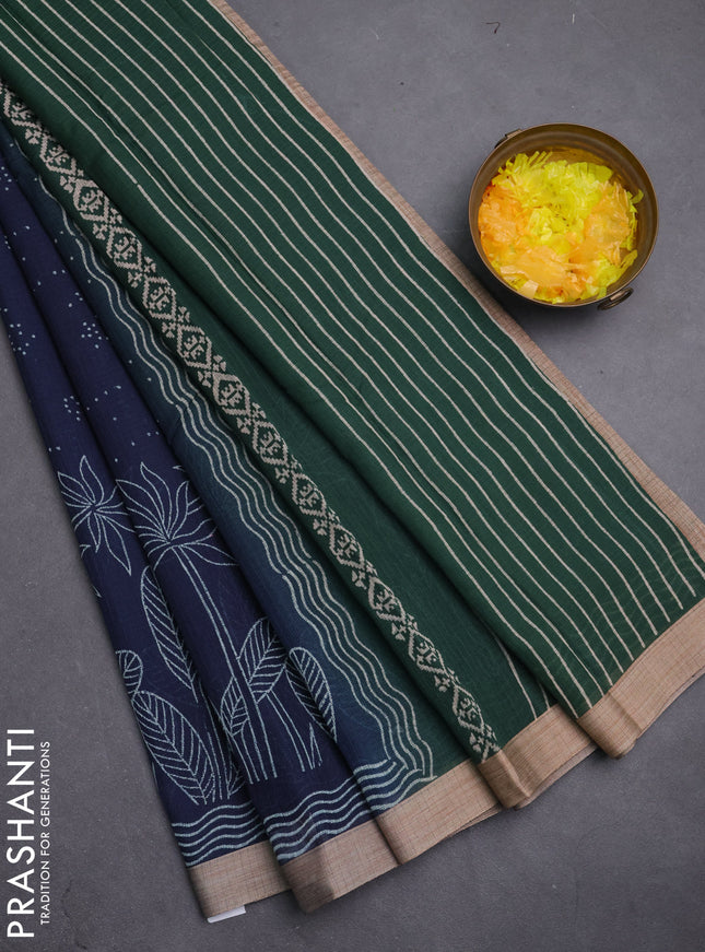 Kota silk cotton saree navy blue and bottle green with allover block prints and simple border