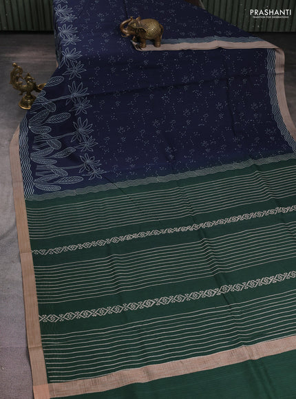 Kota silk cotton saree navy blue and bottle green with allover block prints and simple border