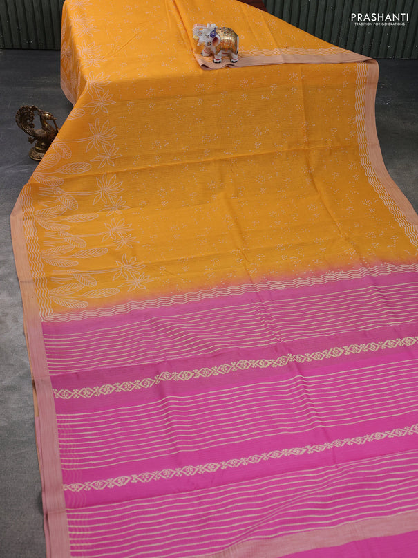 Kota silk cotton saree mustard yellow and pink with allover block prints and simple border