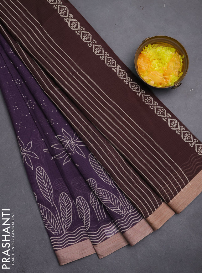 Kota silk cotton saree wine shade and brown with allover block prints and simple border