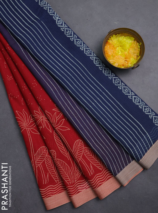 Kota silk cotton saree red and navy blue with allover block prints and simple border
