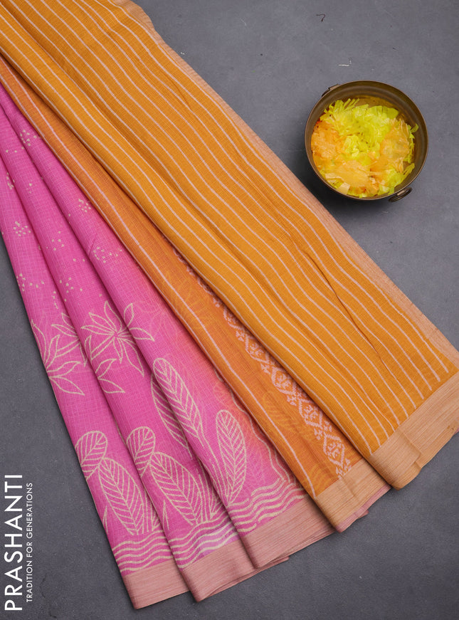 Kota silk cotton saree pink and mustard yellow with allover block prints and simple border