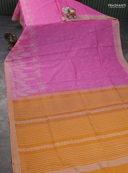 Kota silk cotton saree pink and mustard yellow with allover block prints and simple border