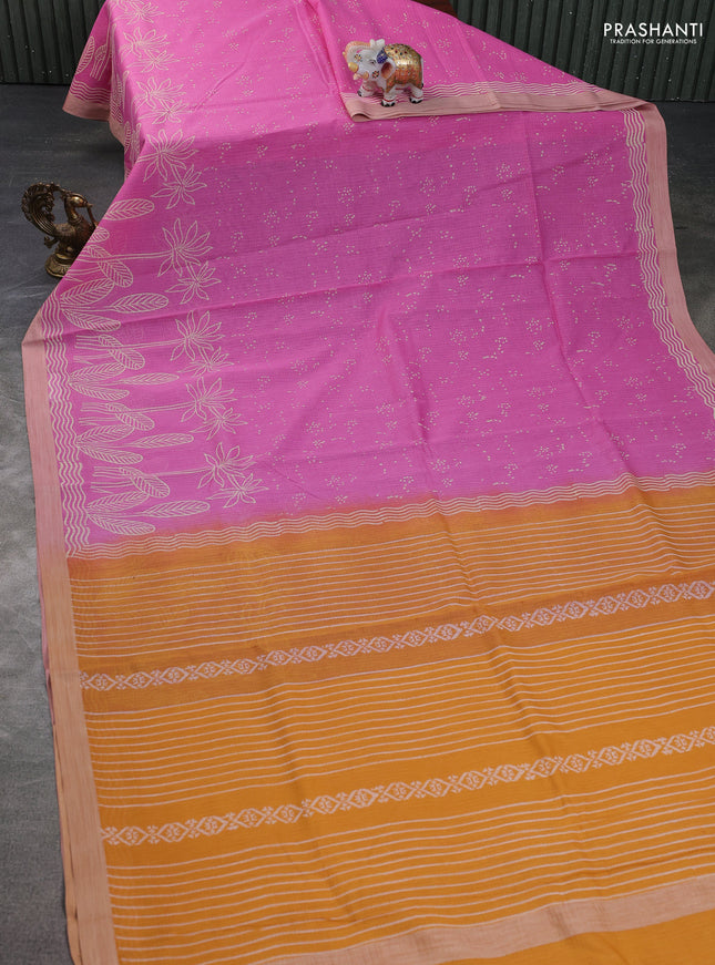 Kota silk cotton saree pink and mustard yellow with allover block prints and simple border