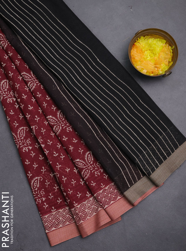 Kota silk cotton saree maroon and black with allover block prints and simple border