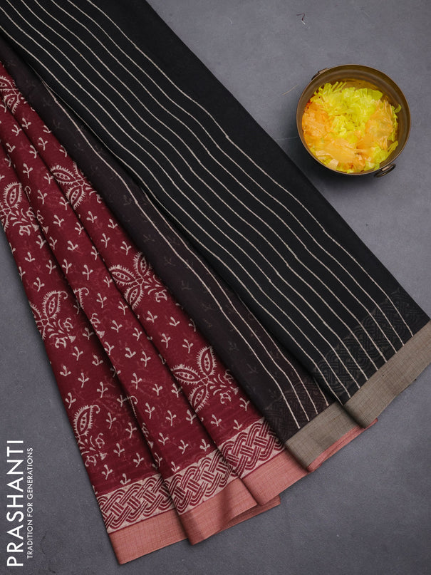 Kota silk cotton saree maroon and black with allover block prints and simple border