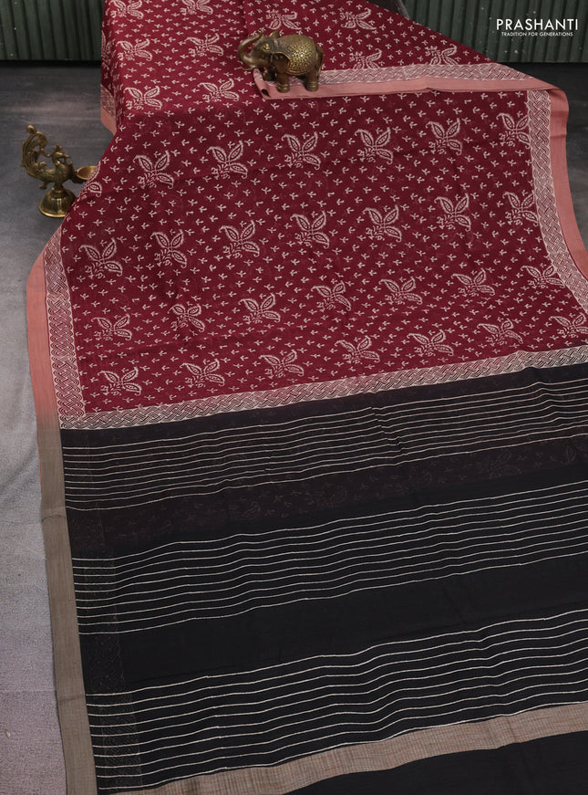 Kota silk cotton saree maroon and black with allover block prints and simple border
