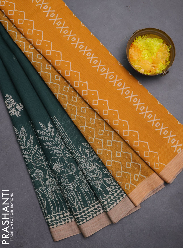 Kota silk cotton saree bottle green and dark mustard with allover block prints and simple border