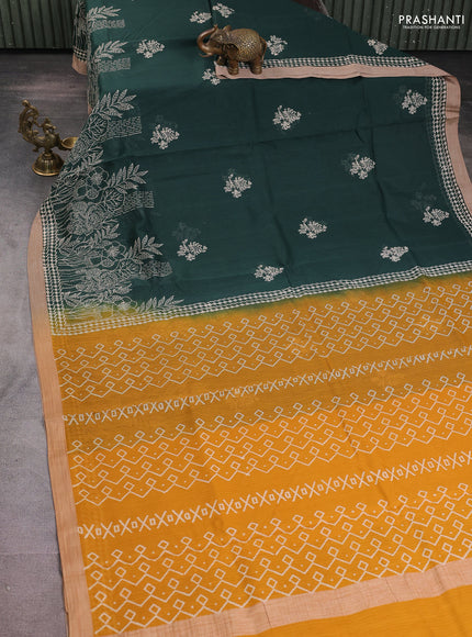 Kota silk cotton saree bottle green and dark mustard with allover block prints and simple border