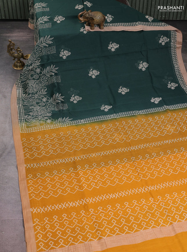Kota silk cotton saree bottle green and dark mustard with allover block prints and simple border
