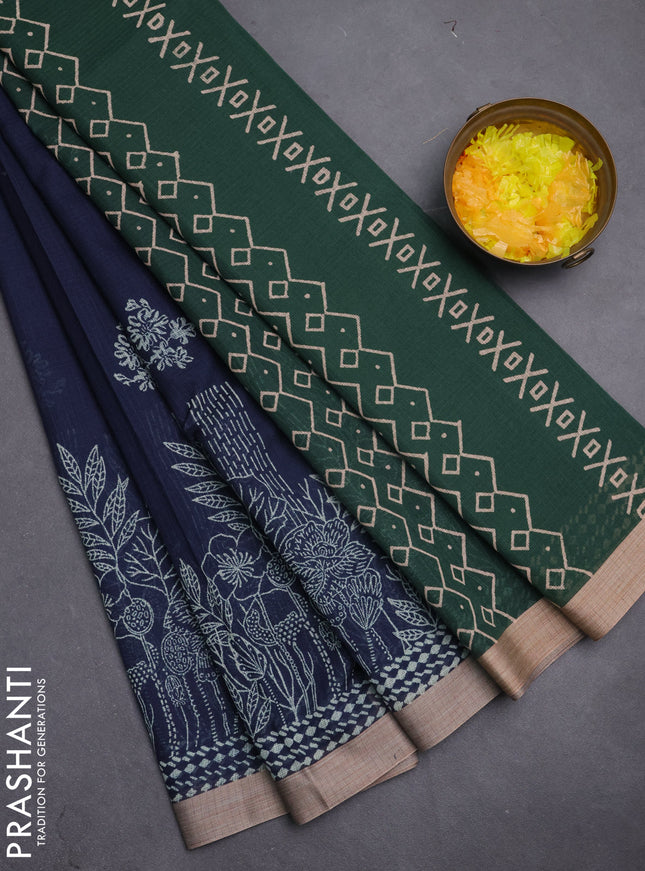 Kota silk cotton saree navy blue and bottle green with allover block prints and simple border