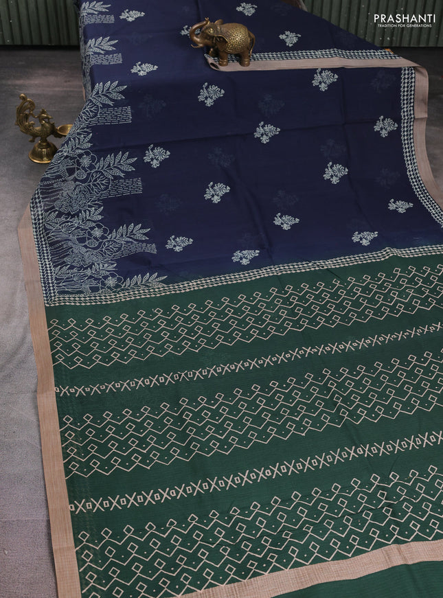 Kota silk cotton saree navy blue and bottle green with allover block prints and simple border