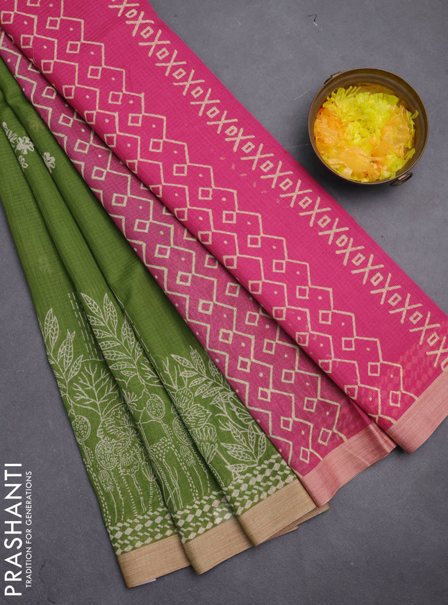 Kota silk cotton saree light green and pink with allover block prints and simple border