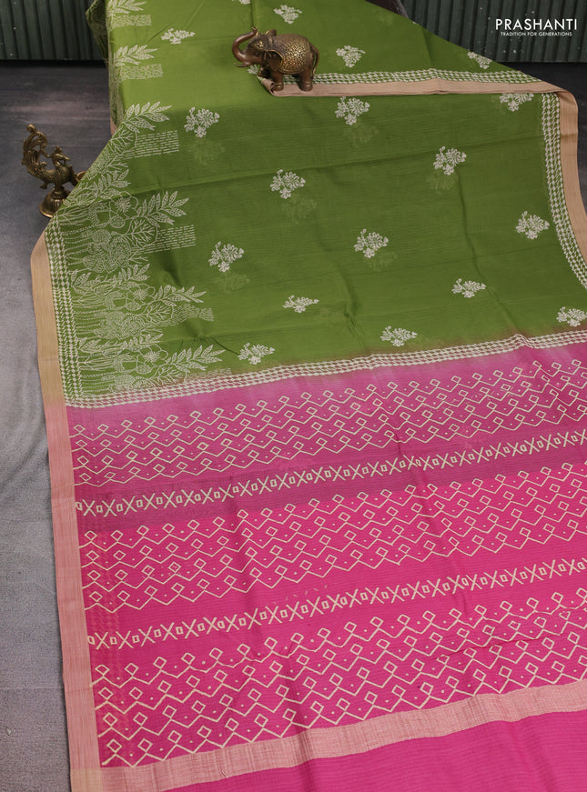 Kota silk cotton saree light green and pink with allover block prints and simple border