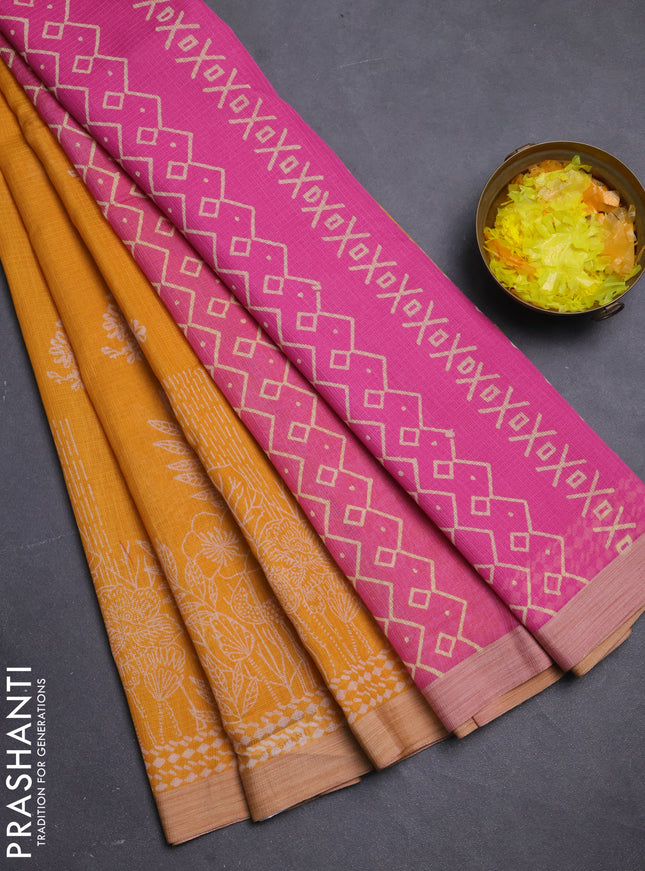 Kota silk cotton saree mango yellow and pink with allover block prints and simple border