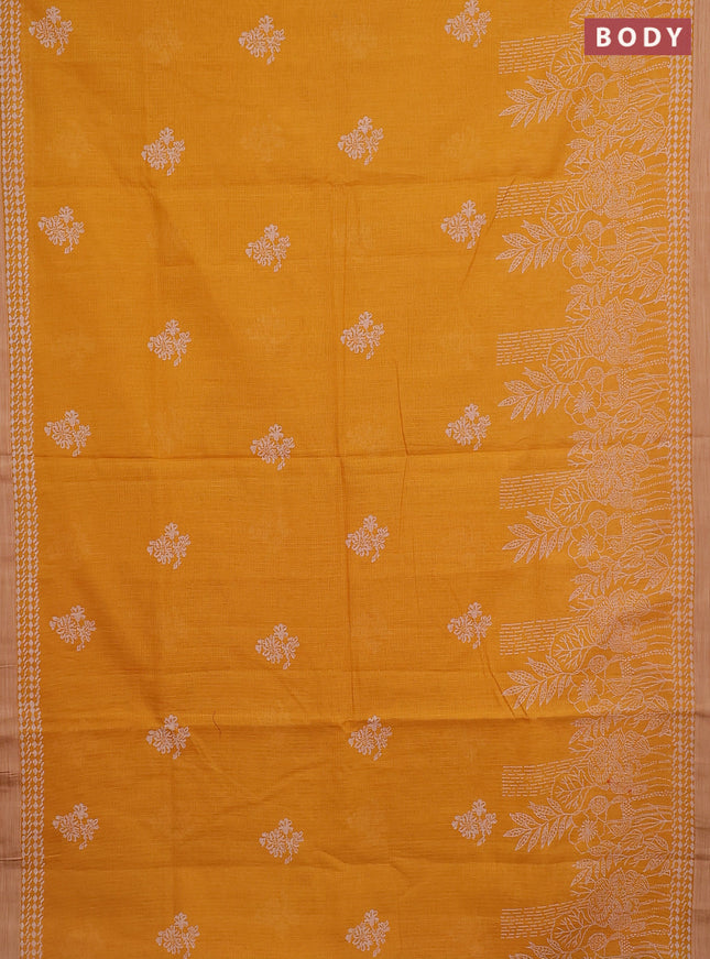 Kota silk cotton saree mango yellow and pink with allover block prints and simple border