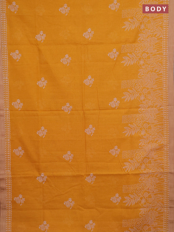 Kota silk cotton saree mango yellow and pink with allover block prints and simple border