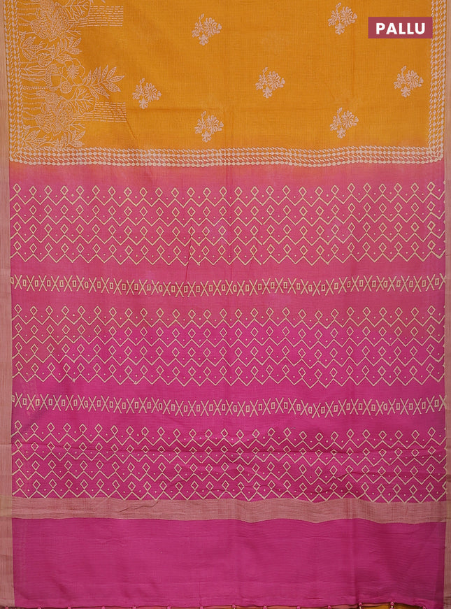 Kota silk cotton saree mango yellow and pink with allover block prints and simple border