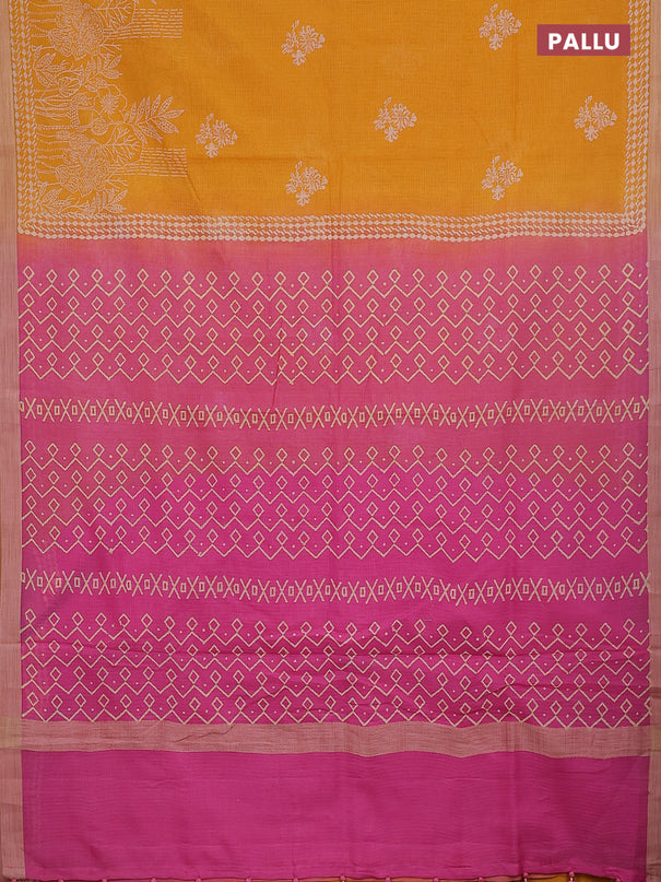 Kota silk cotton saree mango yellow and pink with allover block prints and simple border