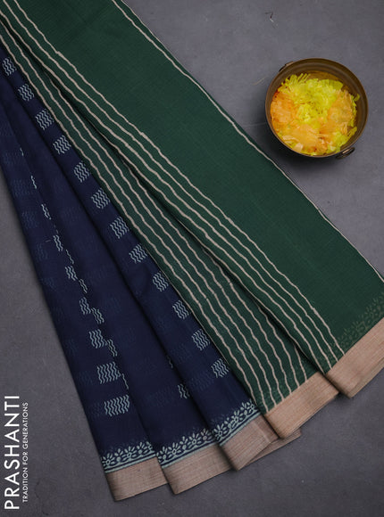 Kota silk cotton saree navy blue and bottle green with allover block prints and simple border