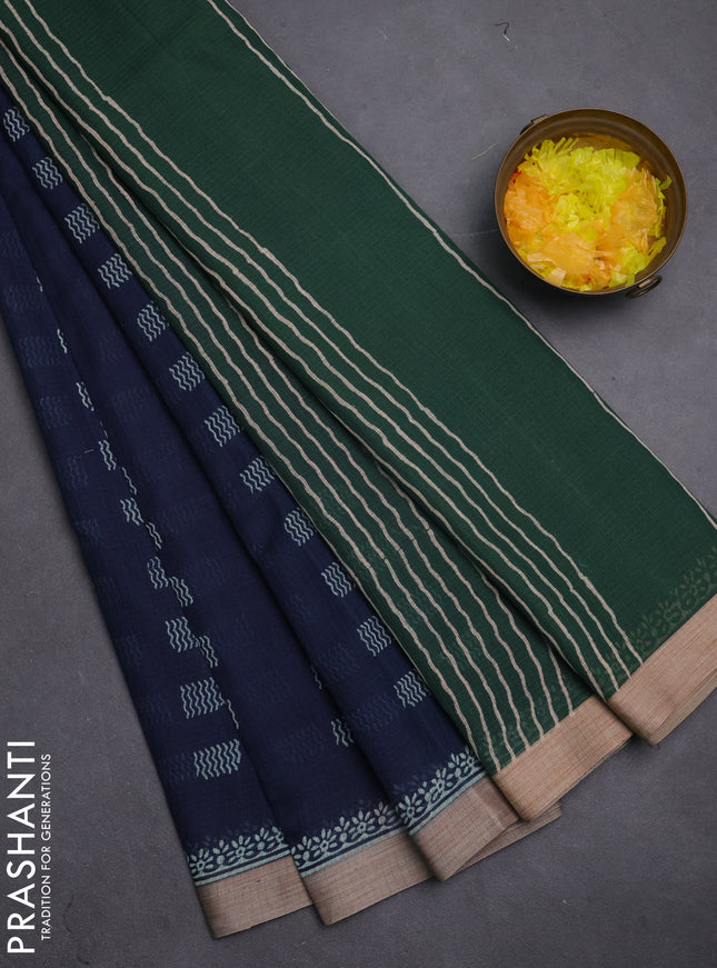 Kota silk cotton saree navy blue and bottle green with allover block prints and simple border
