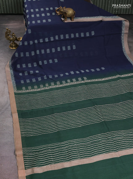 Kota silk cotton saree navy blue and bottle green with allover block prints and simple border