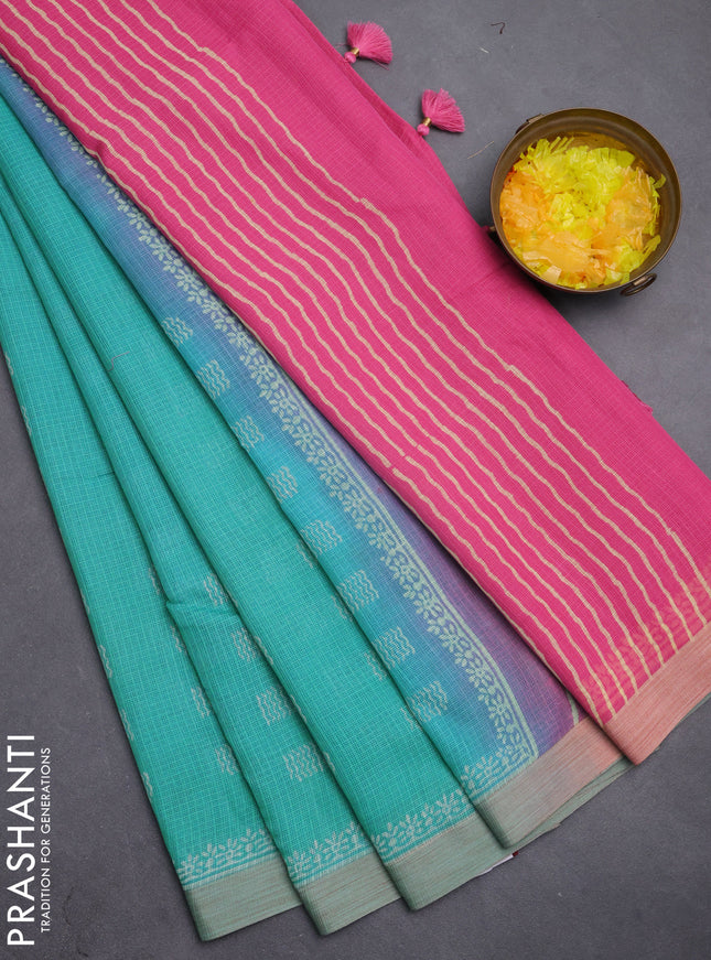 Kota silk cotton saree teal blue and pink with allover block prints and simple border