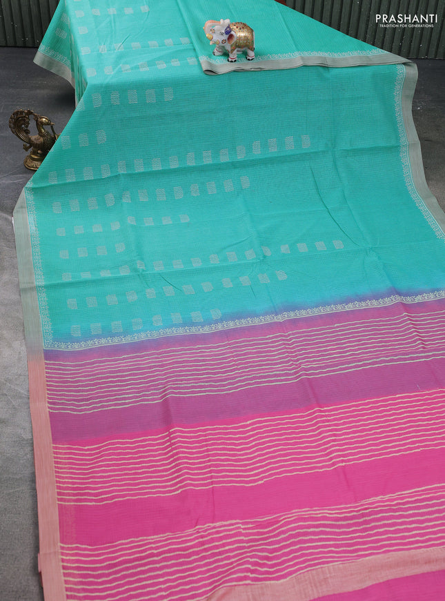 Kota silk cotton saree teal blue and pink with allover block prints and simple border
