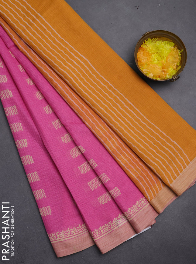 Kota silk cotton saree pink and mustard yellow with allover block prints and simple border